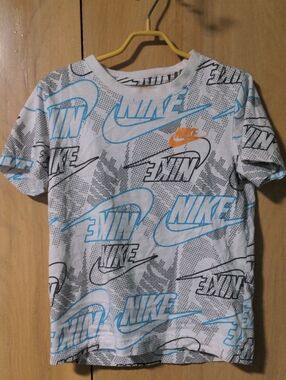 Nike White Tee with Blue and Orange Logo Allover Print Trendy 100% Cotton Shirt